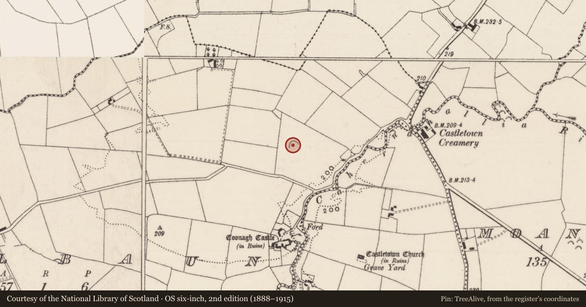 Ordnance Survey six-inch map, 2nd edition (1888–1915) covering the location of Enclosure, Coolbaun, County Limerick, with a pin at the register's coordinates