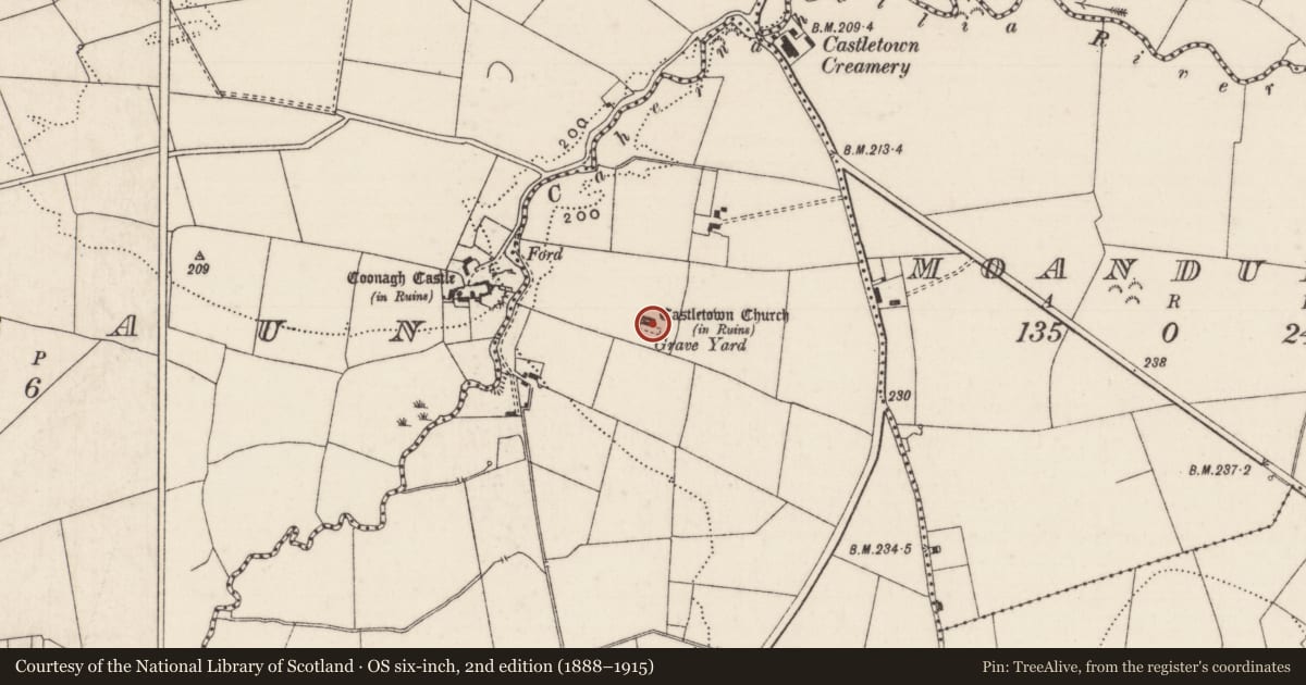 Ordnance Survey six-inch map, 2nd edition (1888–1915) covering the location of Church, Carrig Beg, County Limerick, with a pin at the register's coordinates