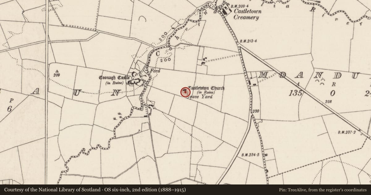 Ordnance Survey six-inch map, 2nd edition (1888–1915) covering the location of Graveyard, Carrig Beg, County Limerick, with a pin at the register's coordinates
