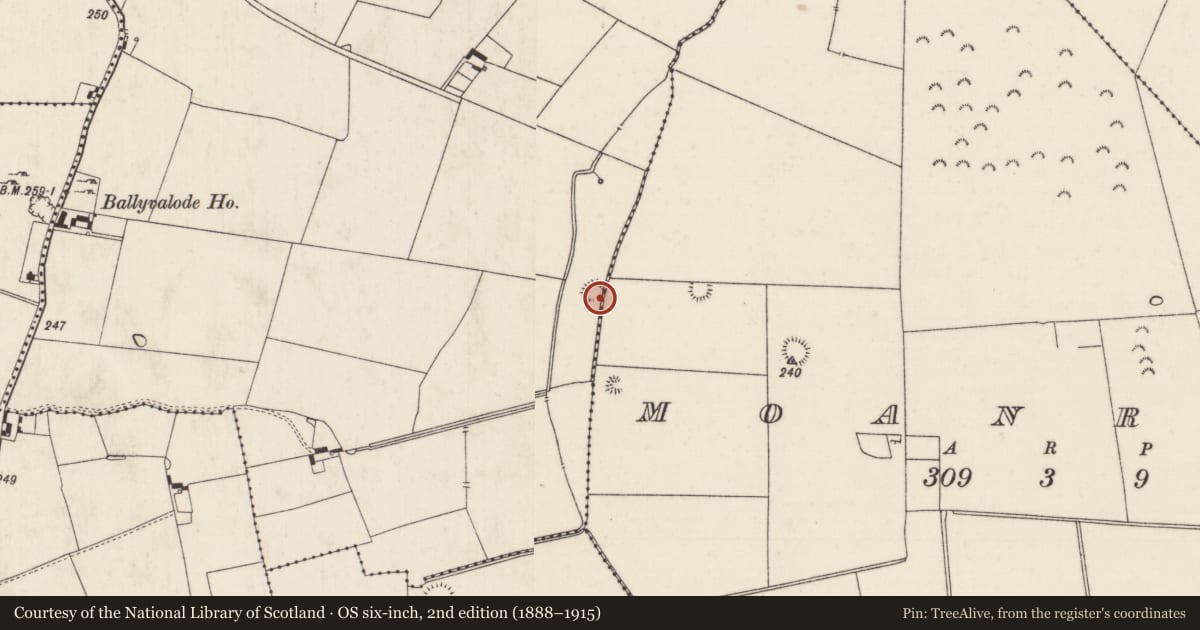 Ordnance Survey six-inch map, 2nd edition (1888–1915) covering the location of Earthwork, Ballyvalode, County Limerick, with a pin at the register's coordinates