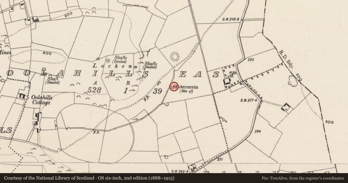 Ordnance Survey six-inch map, 2nd edition (1888–1915) covering the location of Ritual site - holy well, Oolahills East, County Limerick, with a pin at the register's coordinates