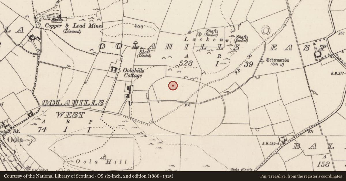 Ordnance Survey six-inch map, 2nd edition (1888–1915) covering the location of Enclosure, Oolahills East, County Limerick, with a pin at the register's coordinates