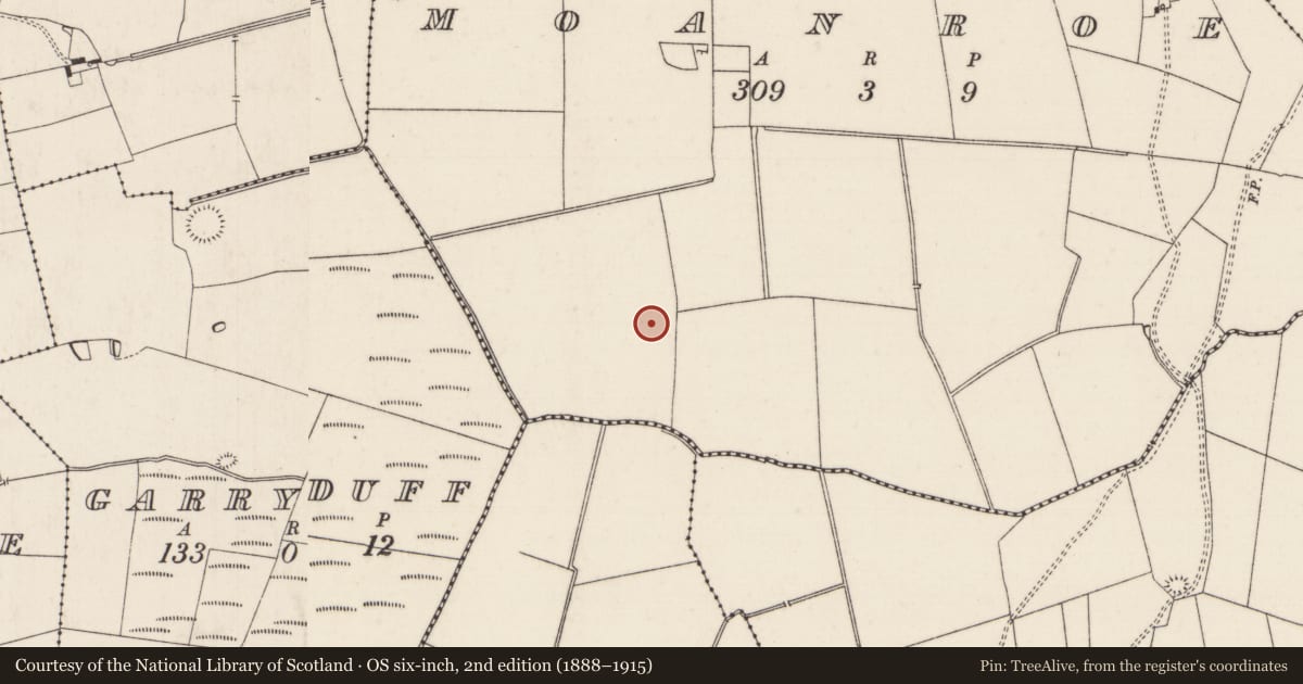 Ordnance Survey six-inch map, 2nd edition (1888–1915) covering the location of Barrow - ring-barrow, Moanroe, County Limerick, with a pin at the register's coordinates