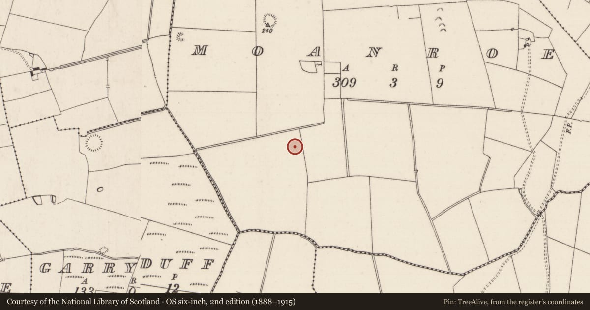 Ordnance Survey six-inch map, 2nd edition (1888–1915) covering the location of Barrow - ring-barrow, Moanroe, County Limerick, with a pin at the register's coordinates