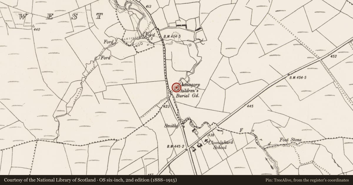Ordnance Survey six-inch map, 2nd edition (1888–1915) covering the location of Children's burial ground, Cloonlahard East, County Limerick, with a pin at the register's coordinates