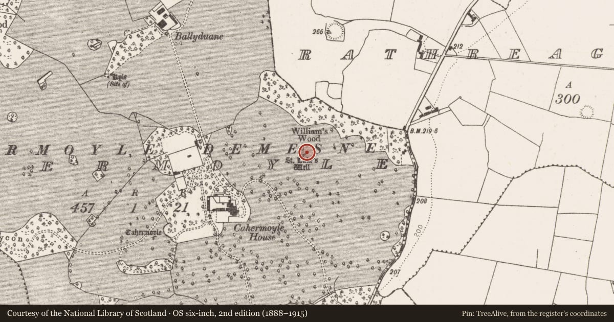 Ordnance Survey six-inch map, 2nd edition (1888–1915) covering the location of Ritual site - holy well, Cahermoyle, County Limerick, with a pin at the register's coordinates