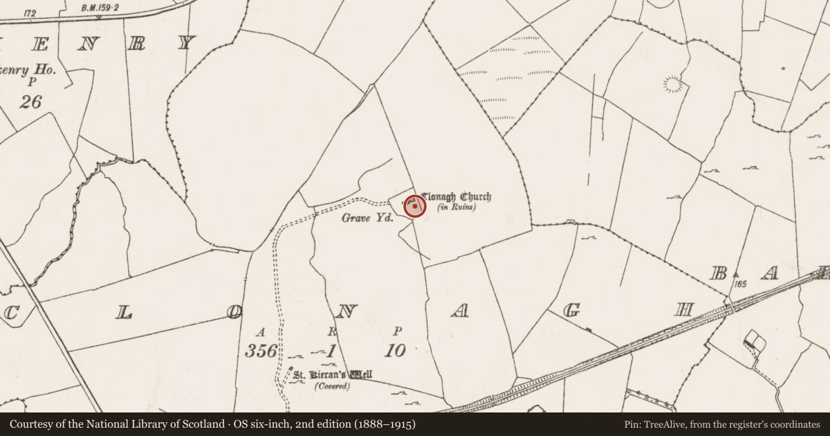 Ordnance Survey six-inch map, 2nd edition (1888–1915) covering the location of Ecclesiastical enclosure, Clonagh, County Limerick, with a pin at the register's coordinates