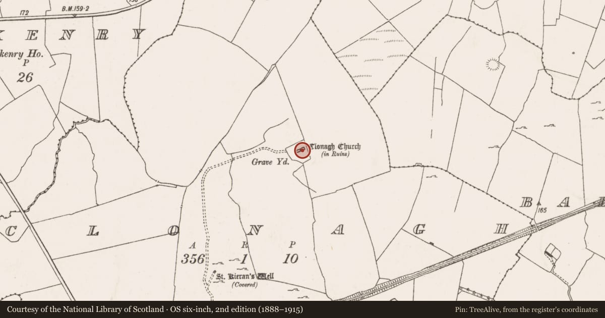 Ordnance Survey six-inch map, 2nd edition (1888–1915) covering the location of Church, Clonagh, County Limerick, with a pin at the register's coordinates