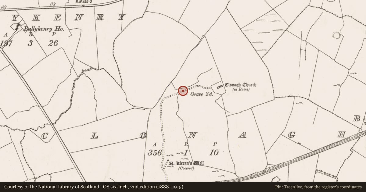 Ordnance Survey six-inch map, 2nd edition (1888–1915) covering the location of Road - hollow-way, Clonagh, County Limerick, with a pin at the register's coordinates