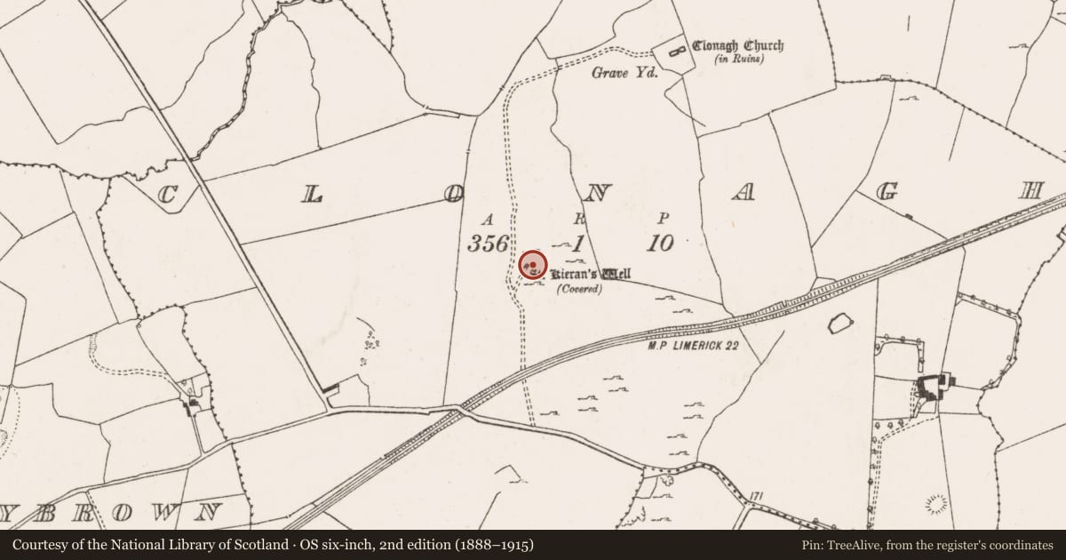 Ordnance Survey six-inch map, 2nd edition (1888–1915) covering the location of Ritual site - holy well, Clonagh, County Limerick, with a pin at the register's coordinates
