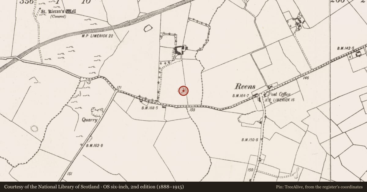 Ordnance Survey six-inch map, 2nd edition (1888–1915) covering the location of Ringfort - rath, Clonagh, County Limerick, with a pin at the register's coordinates