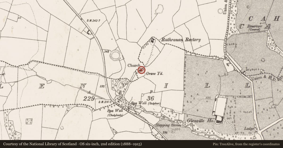 Ordnance Survey six-inch map, 2nd edition (1888–1915) covering the location of Church, Glenville, County Limerick, with a pin at the register's coordinates