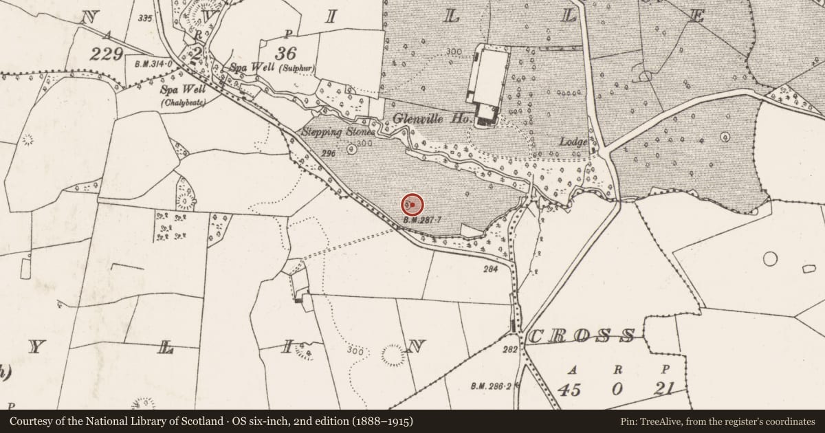 Ordnance Survey six-inch map, 2nd edition (1888–1915) covering the location of Designed landscape - tree-ring, Glenville, County Limerick, with a pin at the register's coordinates