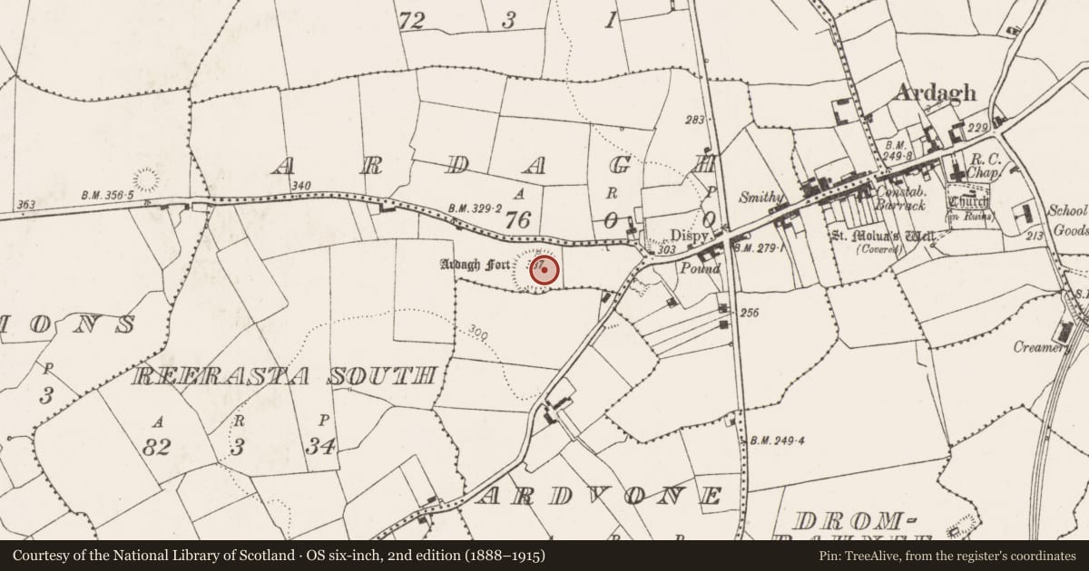 Ordnance Survey six-inch map, 2nd edition (1888–1915) covering the location of Ringfort - rath, Reerasta South, County Limerick, with a pin at the register's coordinates