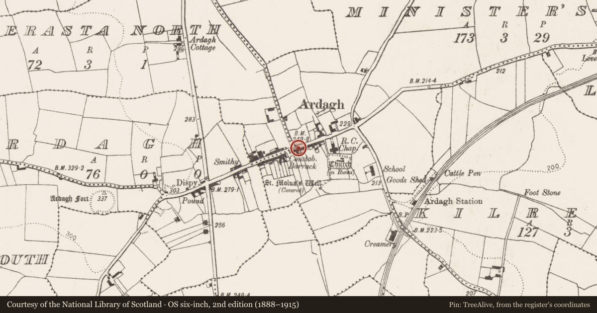 Ordnance Survey six-inch map, 2nd edition (1888–1915) covering the location of Historic town, County Limerick, with a pin at the register's coordinates