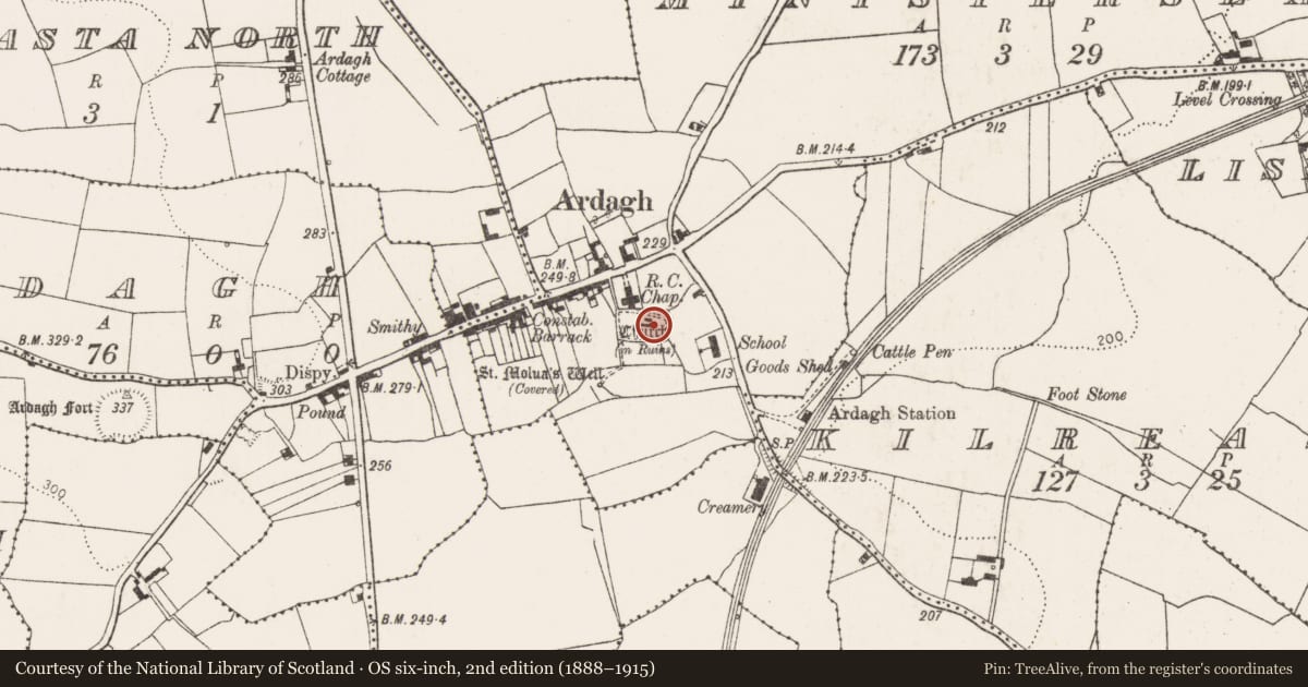 Ordnance Survey six-inch map, 2nd edition (1888–1915) covering the location of Graveyard, Minister'S-Land, County Limerick, with a pin at the register's coordinates