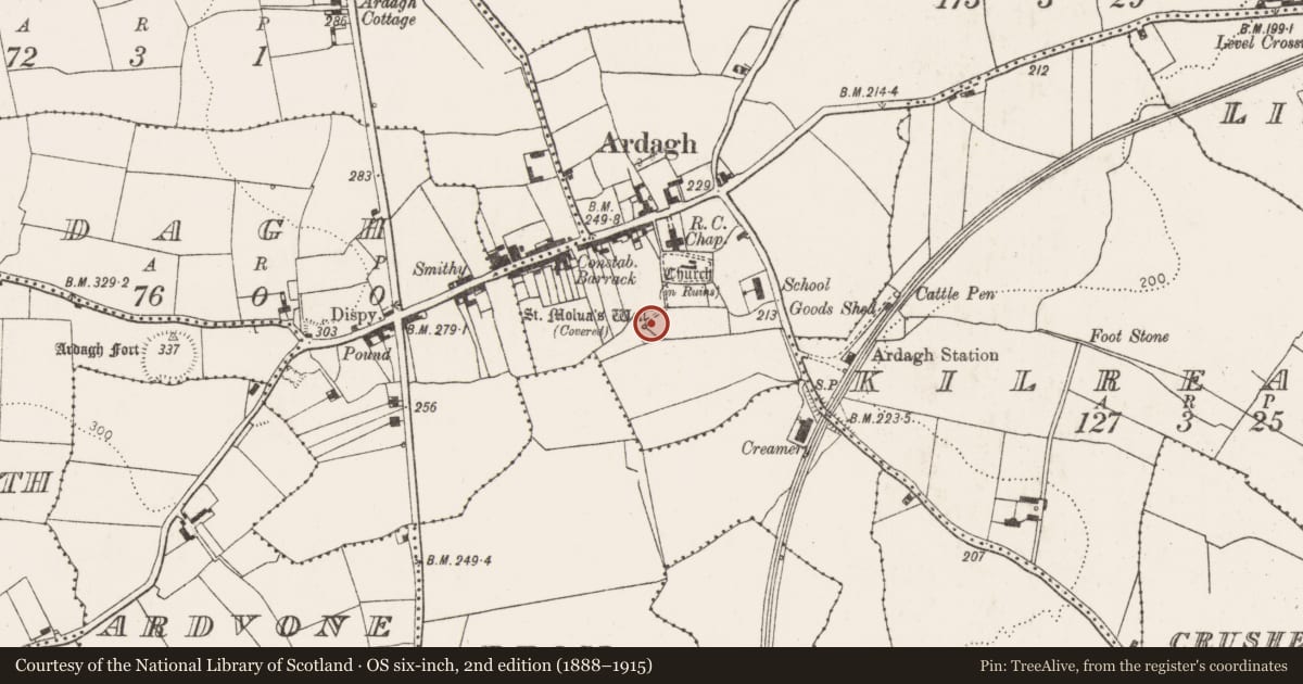 Ordnance Survey six-inch map, 2nd edition (1888–1915) covering the location of Ritual site - holy well, Minister'S-Land, County Limerick, with a pin at the register's coordinates
