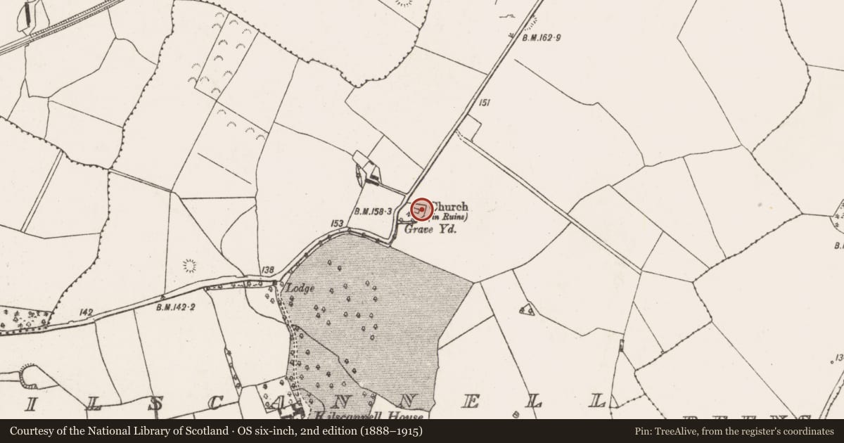Ordnance Survey six-inch map, 2nd edition (1888–1915) covering the location of Church, Kilscannell, County Limerick, with a pin at the register's coordinates