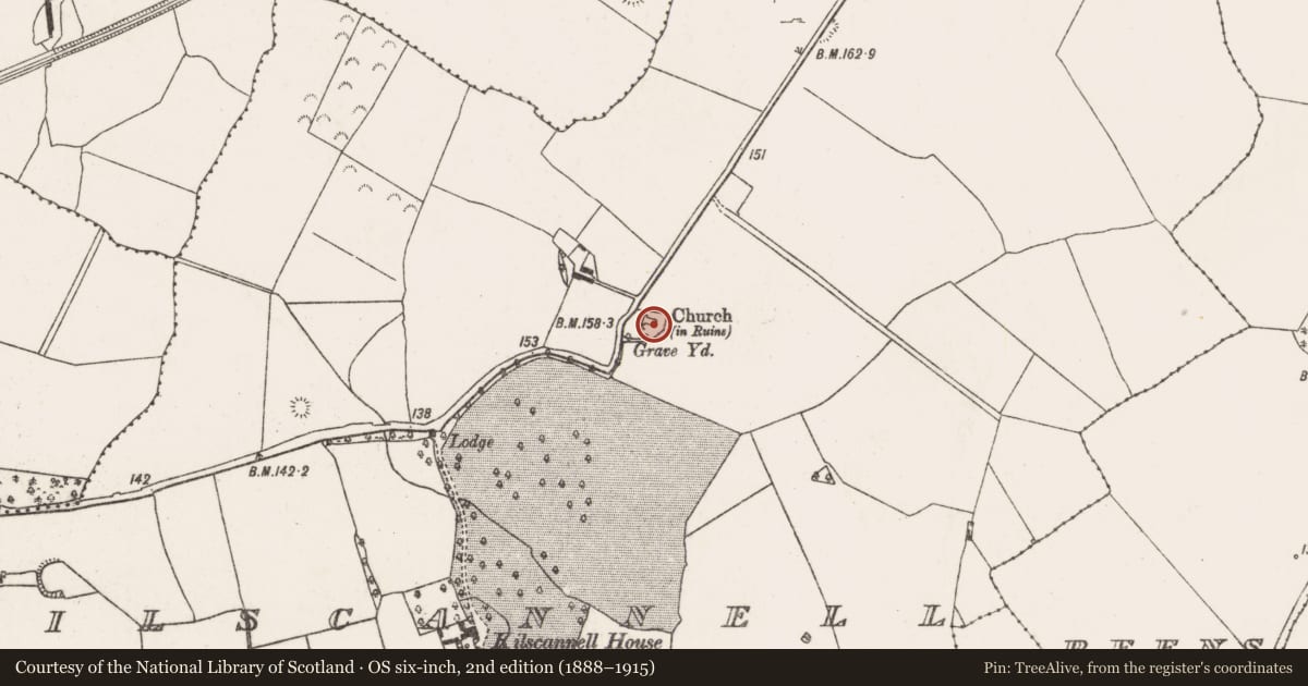 Ordnance Survey six-inch map, 2nd edition (1888–1915) covering the location of Graveyard, Kilscannell, County Limerick, with a pin at the register's coordinates