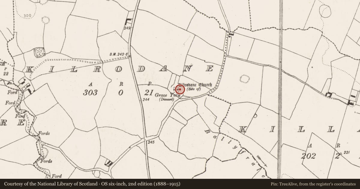 Ordnance Survey six-inch map, 2nd edition (1888–1915) covering the location of Graveyard, Kilrodane, County Limerick, with a pin at the register's coordinates