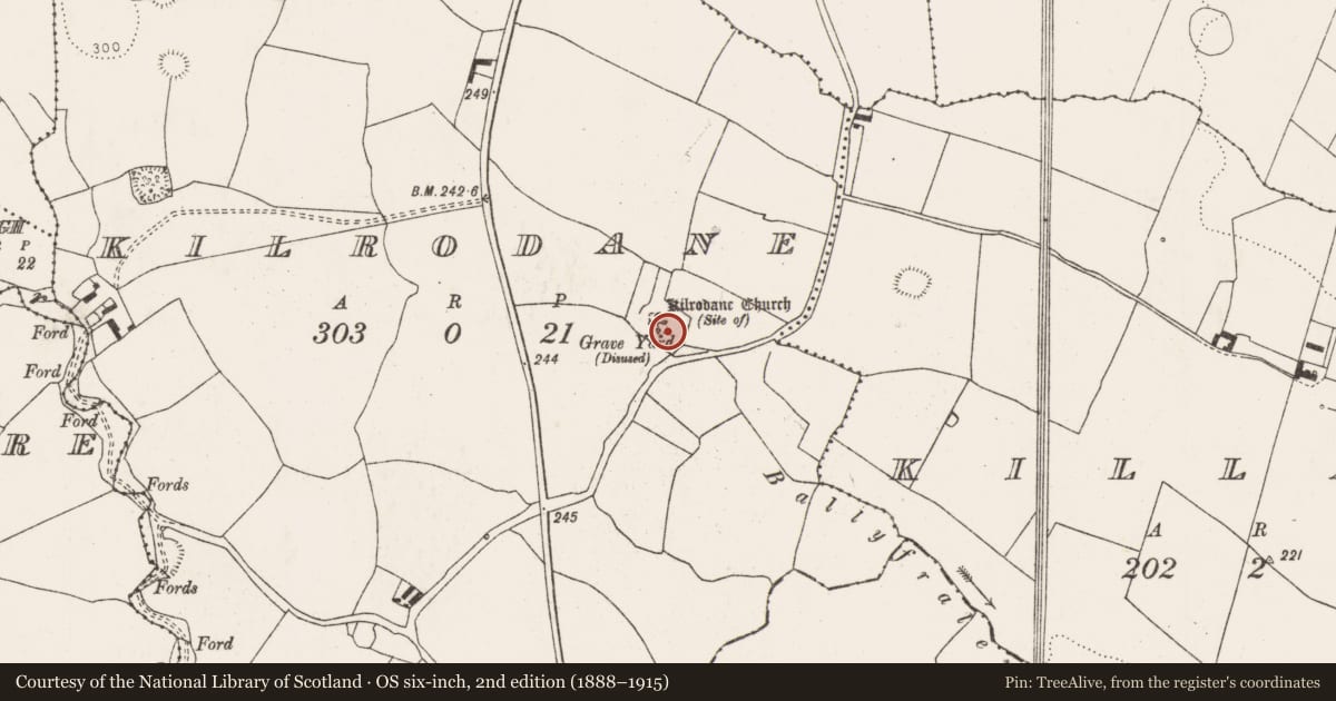 Ordnance Survey six-inch map, 2nd edition (1888–1915) covering the location of Ritual site - holy well, Kilrodane, County Limerick, with a pin at the register's coordinates