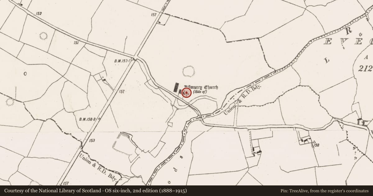 Ordnance Survey six-inch map, 2nd edition (1888–1915) covering the location of Church, Coolanoran, County Limerick, with a pin at the register's coordinates