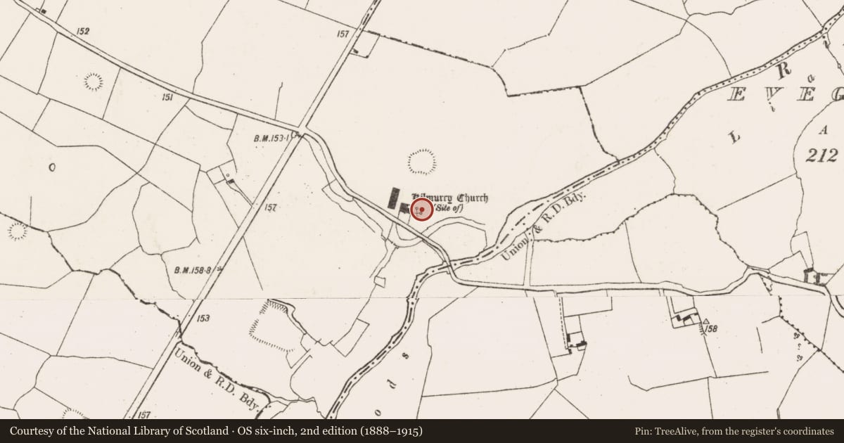 Ordnance Survey six-inch map, 2nd edition (1888–1915) covering the location of Churchyard, Coolanoran, County Limerick, with a pin at the register's coordinates
