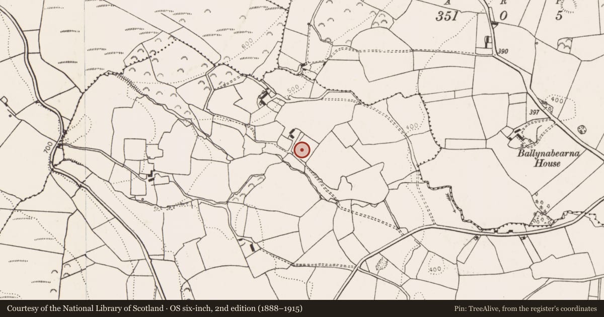 Ordnance Survey six-inch map, 2nd edition (1888–1915) covering the location of Enclosure, Ballyine, County Limerick, with a pin at the register's coordinates