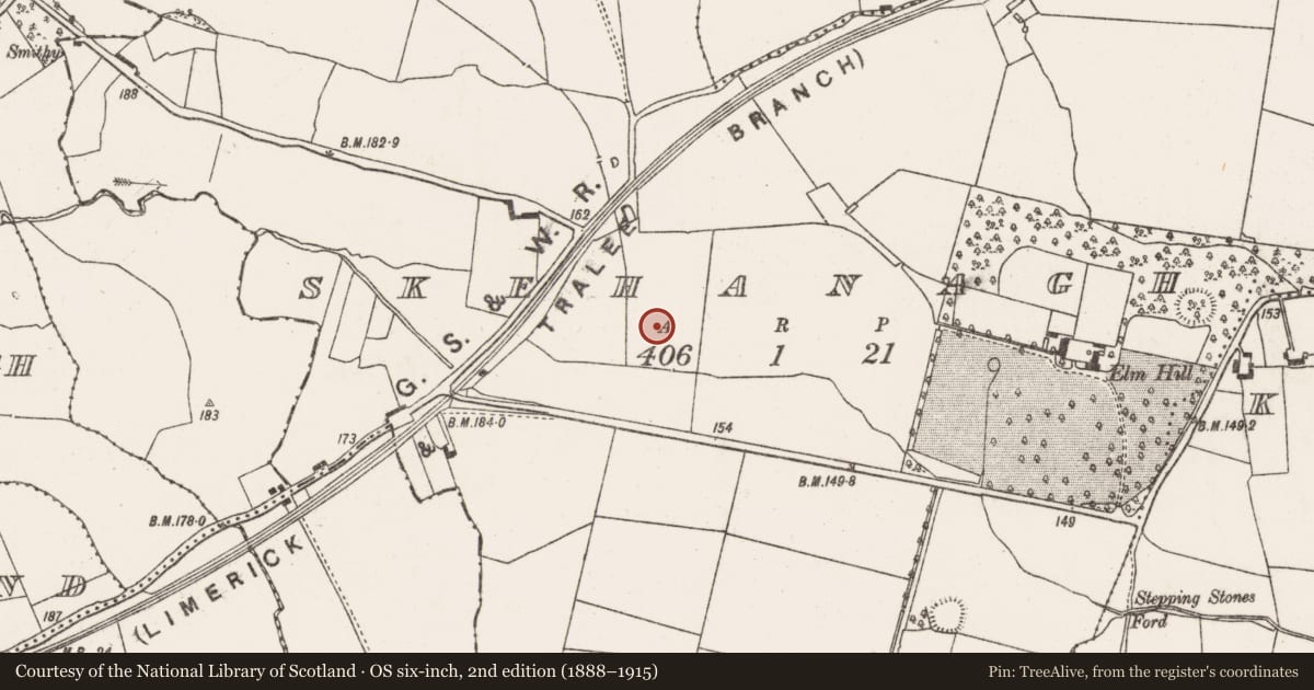 Ordnance Survey six-inch map, 2nd edition (1888–1915) covering the location of Enclosure, Skehanagh, County Limerick, with a pin at the register's coordinates