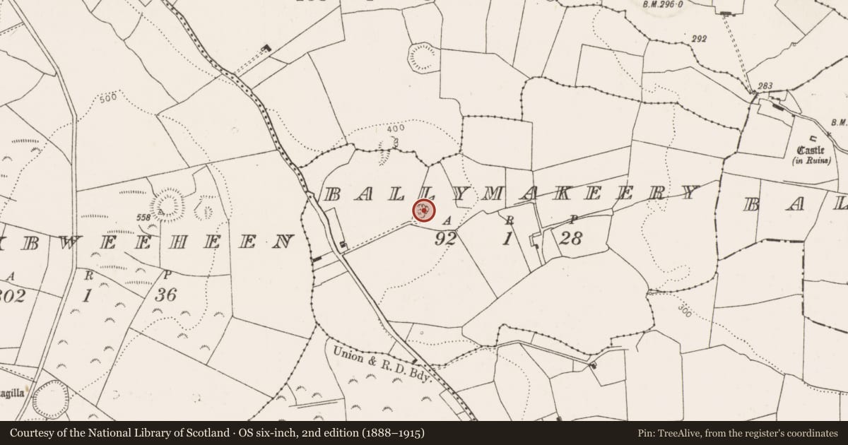 Ordnance Survey six-inch map, 2nd edition (1888–1915) covering the location of Enclosure, Ballymakeery, County Limerick, with a pin at the register's coordinates