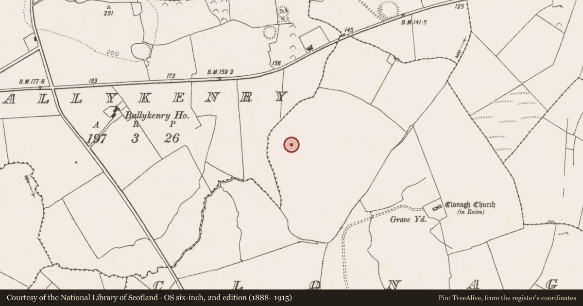 Ordnance Survey six-inch map, 2nd edition (1888–1915) covering the location of Earthwork, Clonagh, County Limerick, with a pin at the register's coordinates