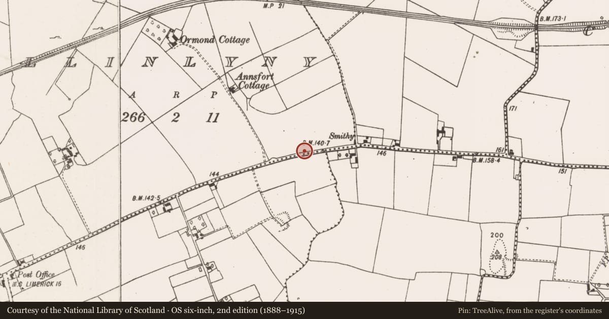 Ordnance Survey six-inch map, 2nd edition (1888–1915) covering the location of Barrow - ring-barrow, Ballinlyny, County Limerick, with a pin at the register's coordinates
