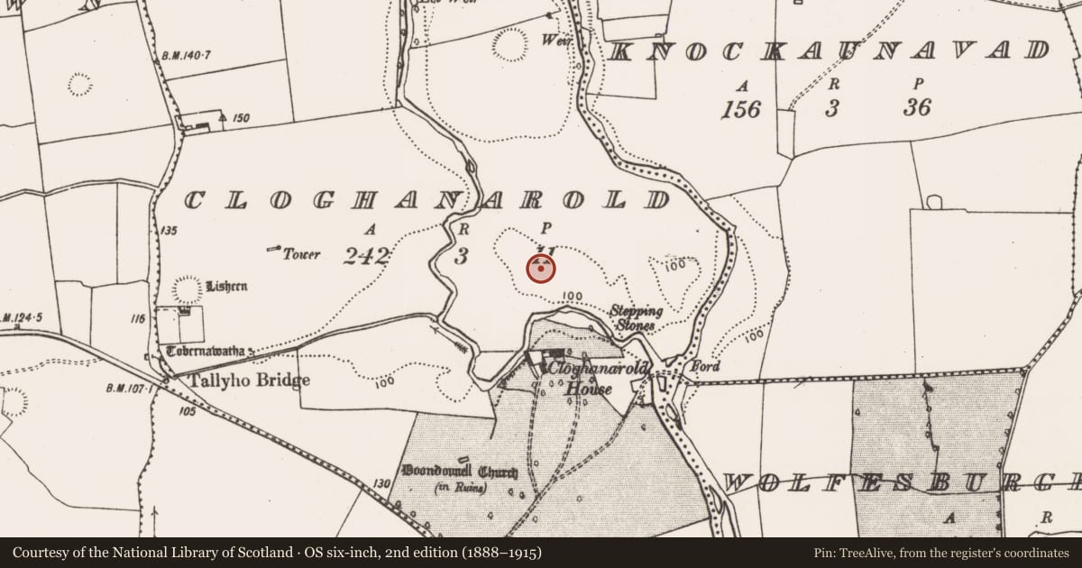 Ordnance Survey six-inch map, 2nd edition (1888–1915) covering the location of Enclosure, Cloghanarold, County Limerick, with a pin at the register's coordinates