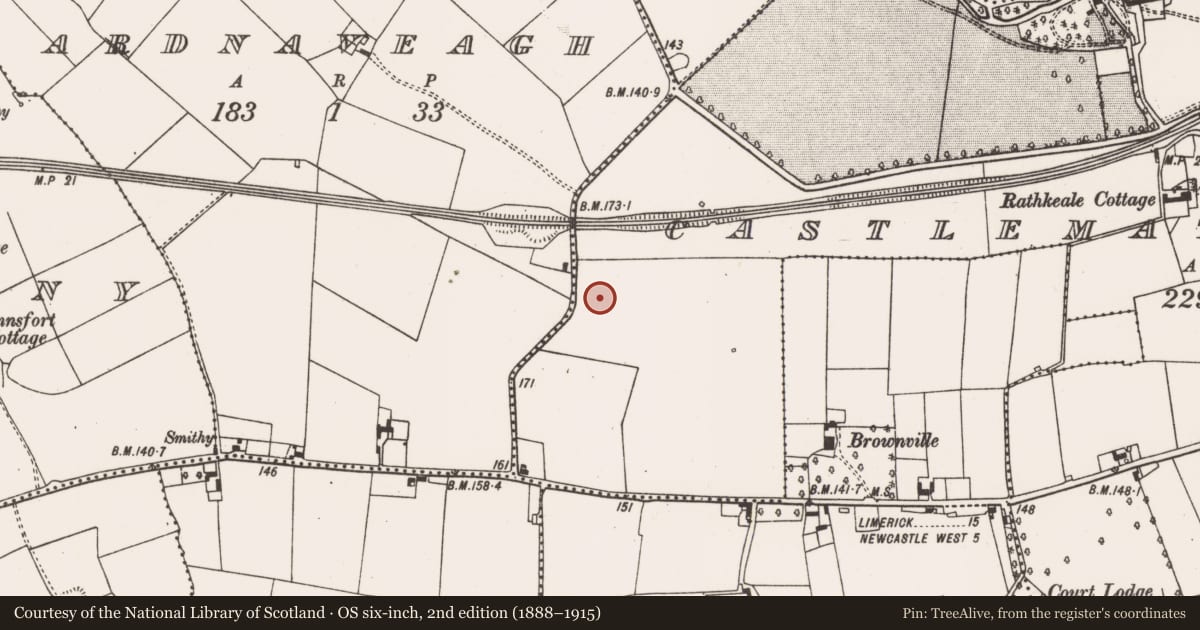 Ordnance Survey six-inch map, 2nd edition (1888–1915) covering the location of Enclosure, Castlematrix, County Limerick, with a pin at the register's coordinates