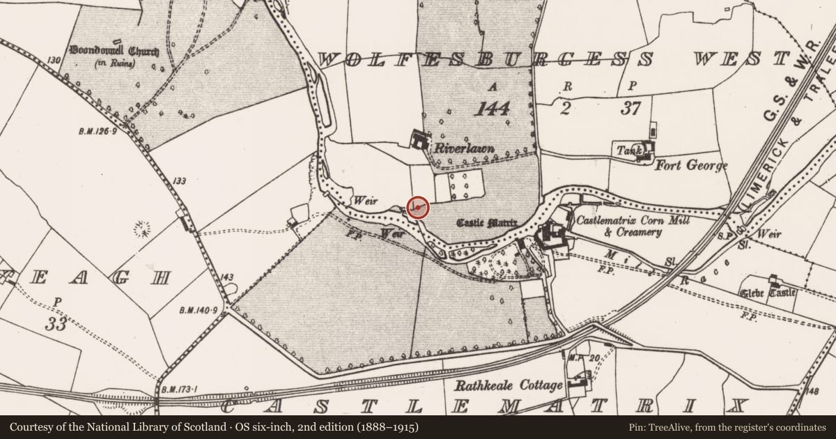 Ordnance Survey six-inch map, 2nd edition (1888–1915) covering the location of Mill - unclassified, Wolfesburgess West, County Limerick, with a pin at the register's coordinates