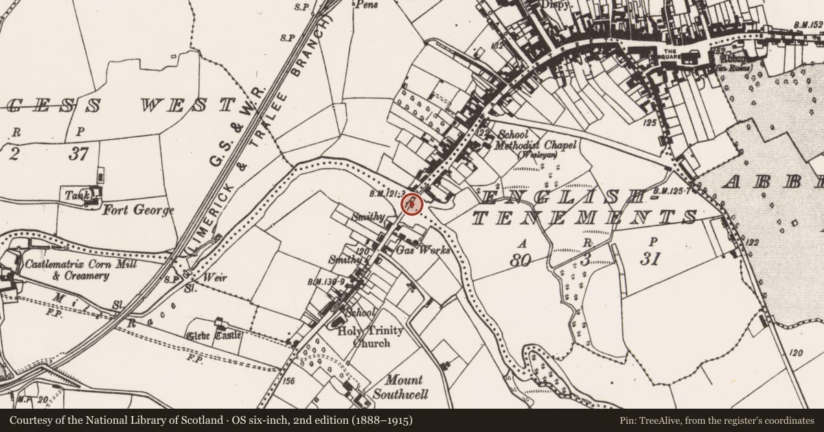 Ordnance Survey six-inch map, 2nd edition (1888–1915) covering the location of Bridge, County Limerick, with a pin at the register's coordinates