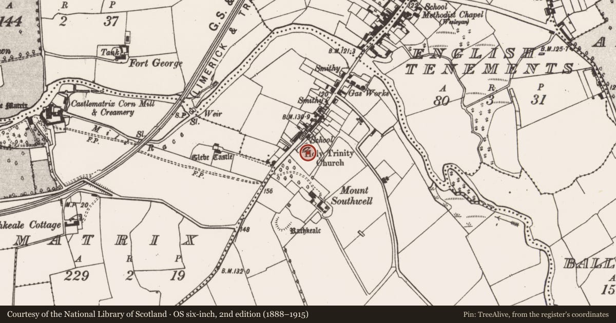 Ordnance Survey six-inch map, 2nd edition (1888–1915) covering the location of Church, Enniscoush, County Limerick, with a pin at the register's coordinates