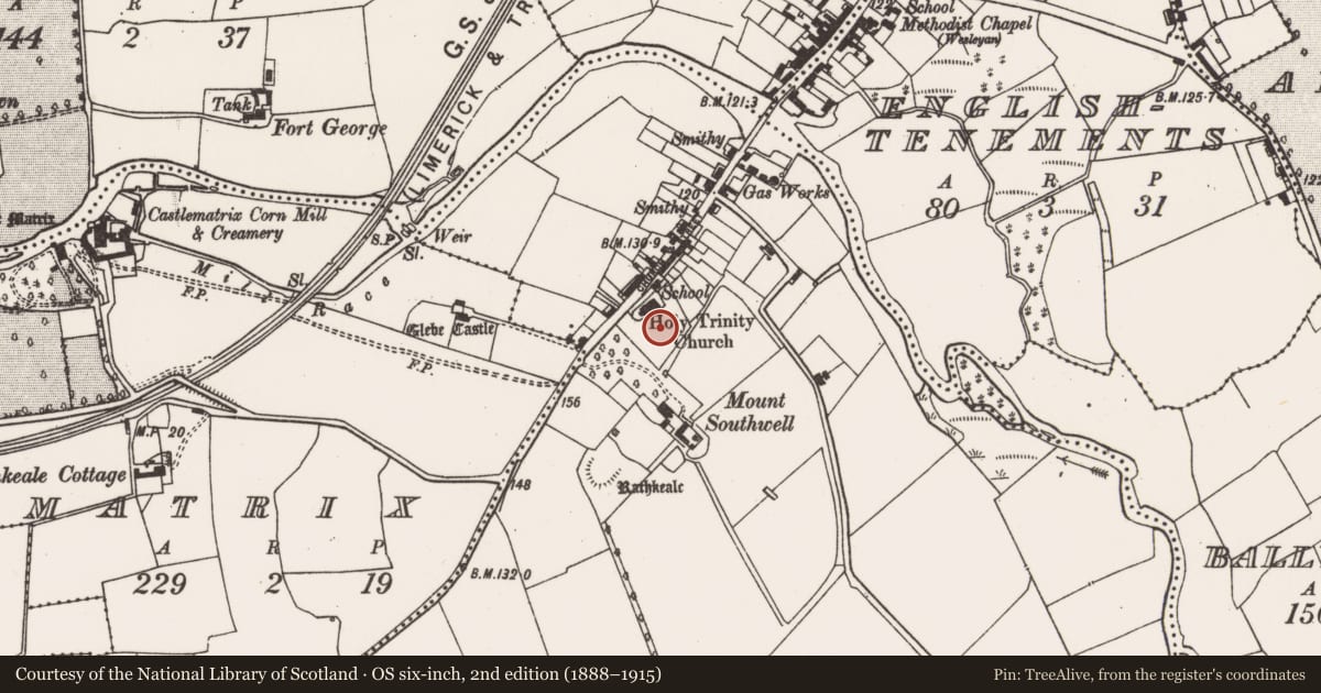 Ordnance Survey six-inch map, 2nd edition (1888–1915) covering the location of Graveyard, Enniscoush, County Limerick, with a pin at the register's coordinates