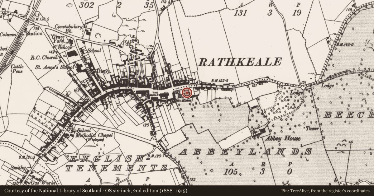 Ordnance Survey six-inch map, 2nd edition (1888–1915) covering the location of Religious house - Augustinian canons, Abbeylands, County Limerick, with a pin at the register's coordinates