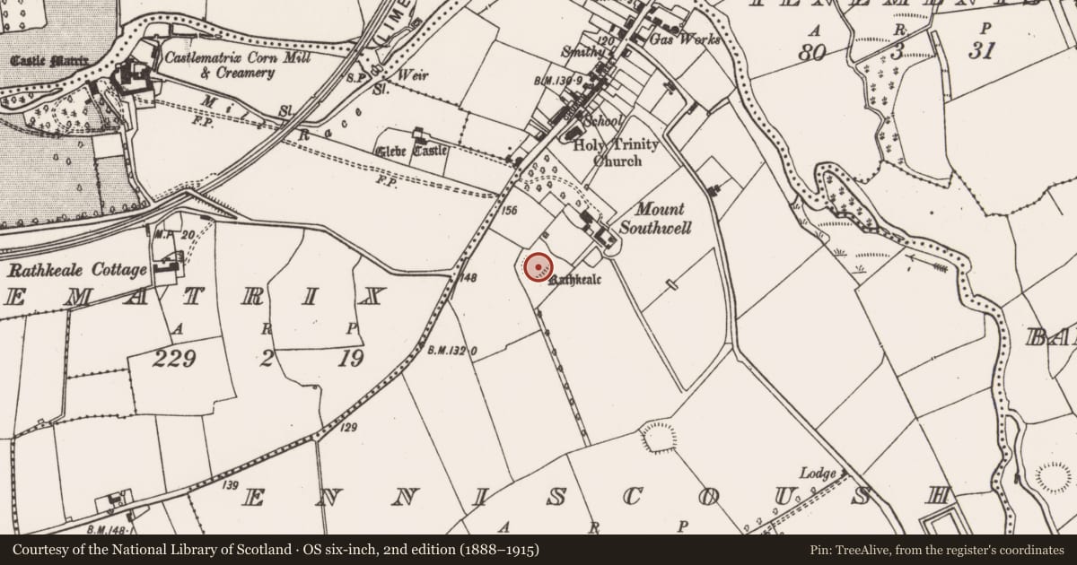 Ordnance Survey six-inch map, 2nd edition (1888–1915) covering the location of Ringfort - rath, Enniscoush, County Limerick, with a pin at the register's coordinates