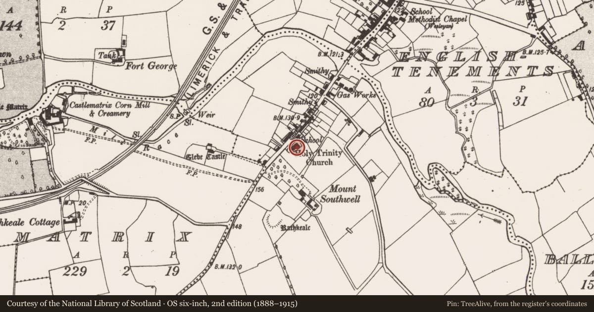 Ordnance Survey six-inch map, 2nd edition (1888–1915) covering the location of Graveslab, Enniscoush, County Limerick, with a pin at the register's coordinates