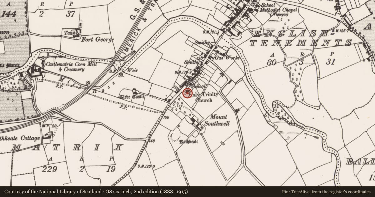 Ordnance Survey six-inch map, 2nd edition (1888–1915) covering the location of Memorial stone, Enniscoush, County Limerick, with a pin at the register's coordinates