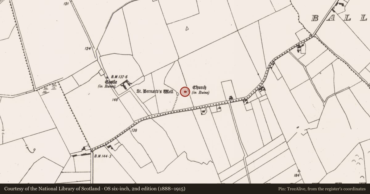 Ordnance Survey six-inch map, 2nd edition (1888–1915) covering the location of Church, Ballyallinan North, County Limerick, with a pin at the register's coordinates