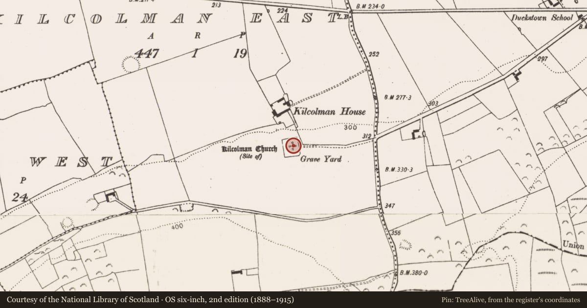Ordnance Survey six-inch map, 2nd edition (1888–1915) covering the location of Church, Kilcolman East, County Limerick, with a pin at the register's coordinates