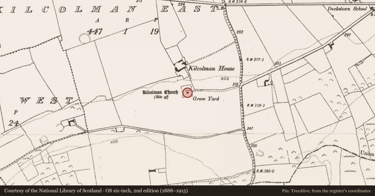 Ordnance Survey six-inch map, 2nd edition (1888–1915) covering the location of Graveyard, Kilcolman East, County Limerick, with a pin at the register's coordinates