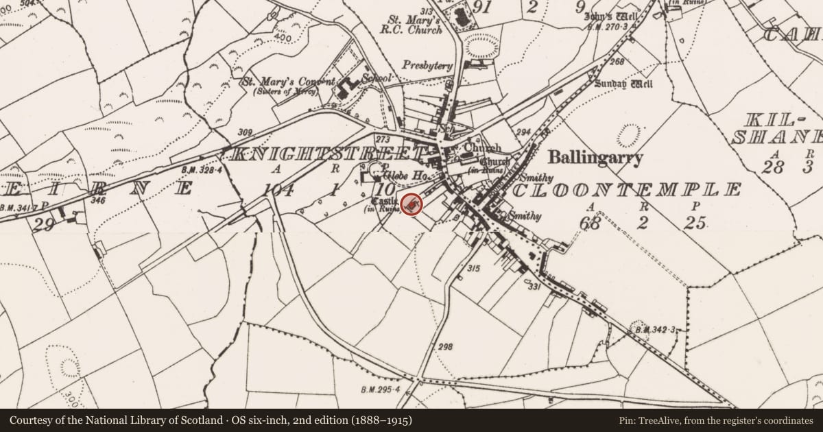 Ordnance Survey six-inch map, 2nd edition (1888–1915) covering the location of Castle - tower house, Knightstreet, County Limerick, with a pin at the register's coordinates