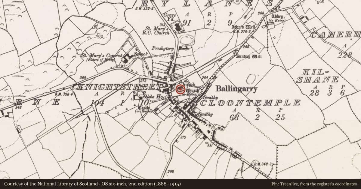 Ordnance Survey six-inch map, 2nd edition (1888–1915) covering the location of Church, Cloontemple, County Limerick, with a pin at the register's coordinates