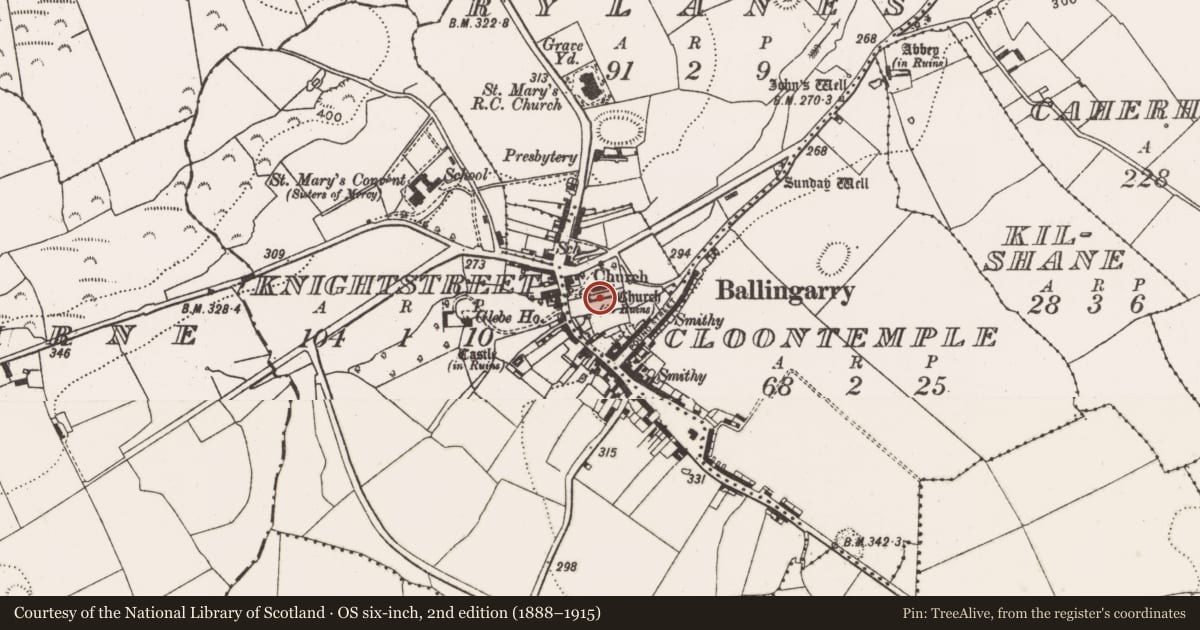 Ordnance Survey six-inch map, 2nd edition (1888–1915) covering the location of Graveyard, Cloontemple, County Limerick, with a pin at the register's coordinates