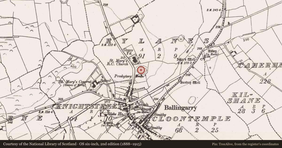 Ordnance Survey six-inch map, 2nd edition (1888–1915) covering the location of Enclosure, Rylanes, County Limerick, with a pin at the register's coordinates