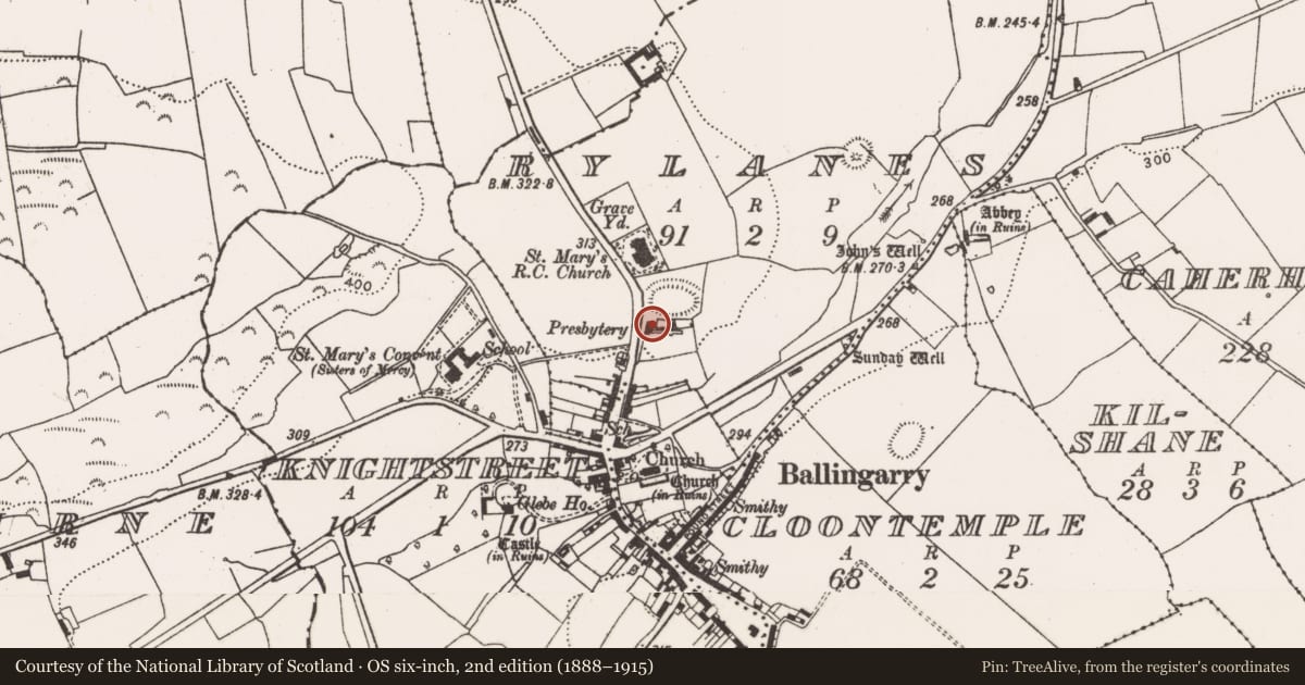 Ordnance Survey six-inch map, 2nd edition (1888–1915) covering the location of Country house, Rylanes, County Limerick, with a pin at the register's coordinates